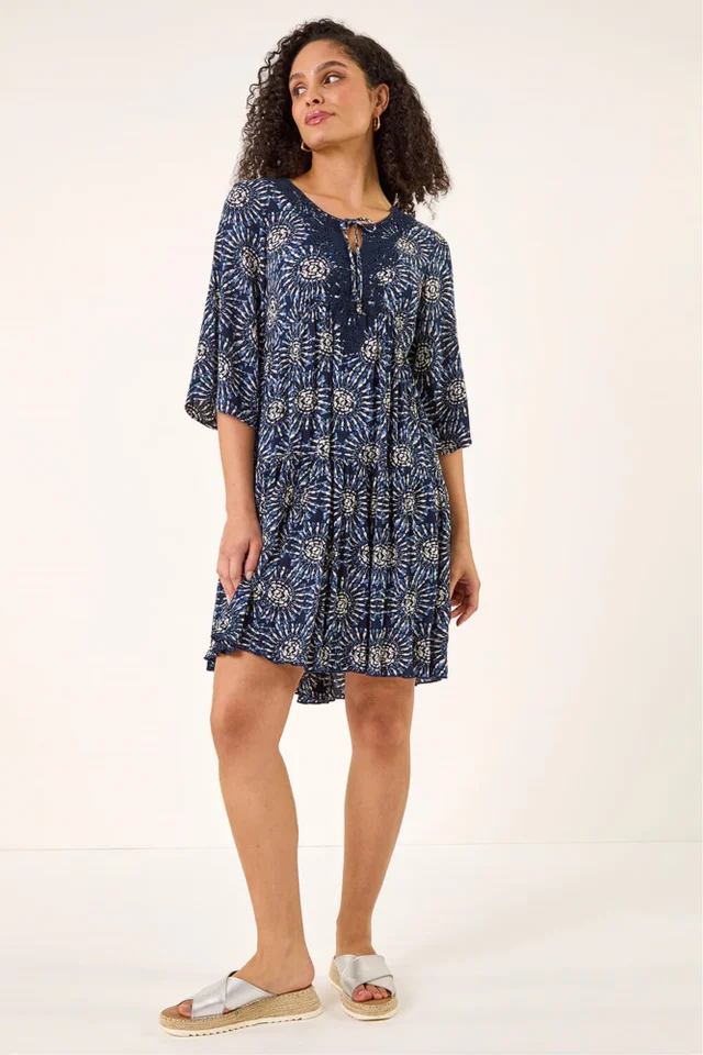 Roman Navy Geo Lace Detail Smock Dress