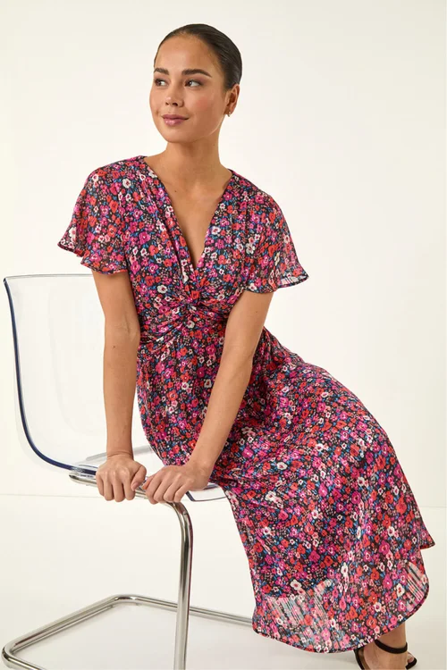 Roman Pink Petite Ditsy Floral Twist Midi Dress - 12 Image 2