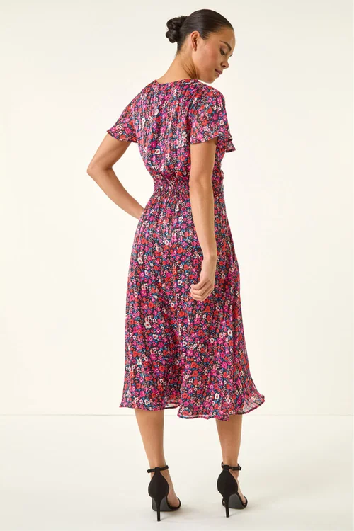 Roman Pink Petite Ditsy Floral Twist Midi Dress - 12 Image 4