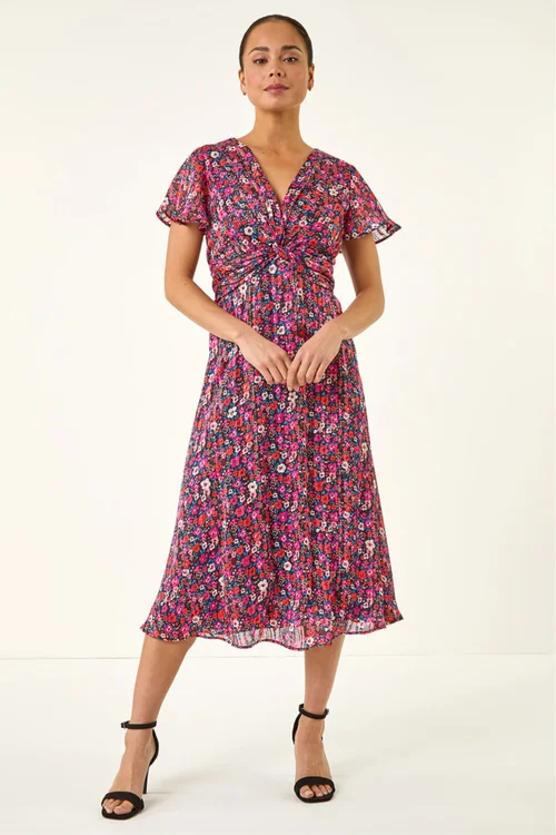 Roman Pink Petite Ditsy Floral Twist Midi Dress - 12 Image 3
