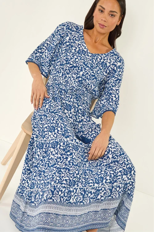 Roman Blue Petite Print Tassel Tie Waist Midi Dress - 16 Image 2