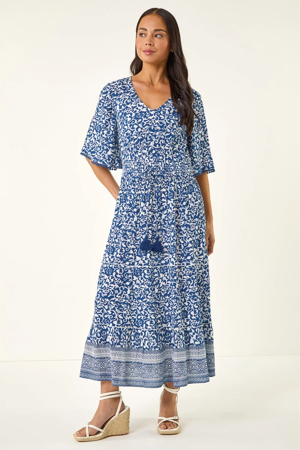 Roman Blue Petite Print Tassel Tie Waist Midi Dress - 16 Image 1