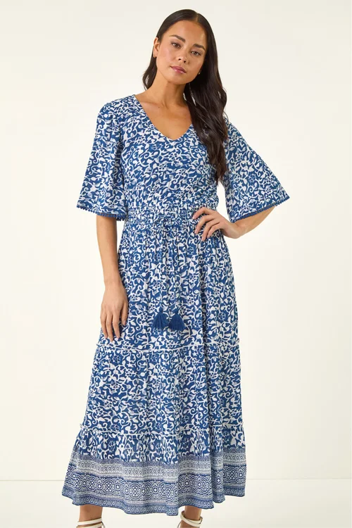 Roman Blue Petite Print Tassel Tie Waist Midi Dress - 16 Image 4