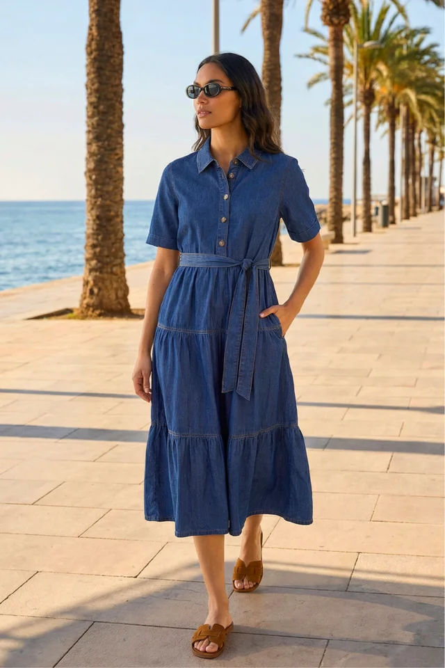Roman Denim Button Detail Tiered Midi Dress