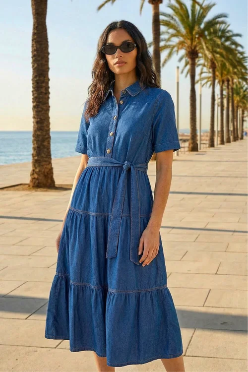 Roman Denim Button Detail Tiered Midi Dress - 20 Image 2