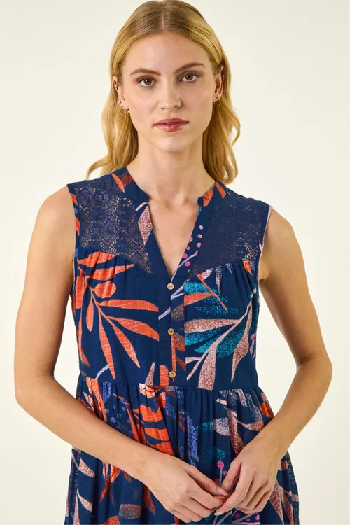 Roman Navy Leaf Print V-Neck Tiered Dress - 14 Image 4