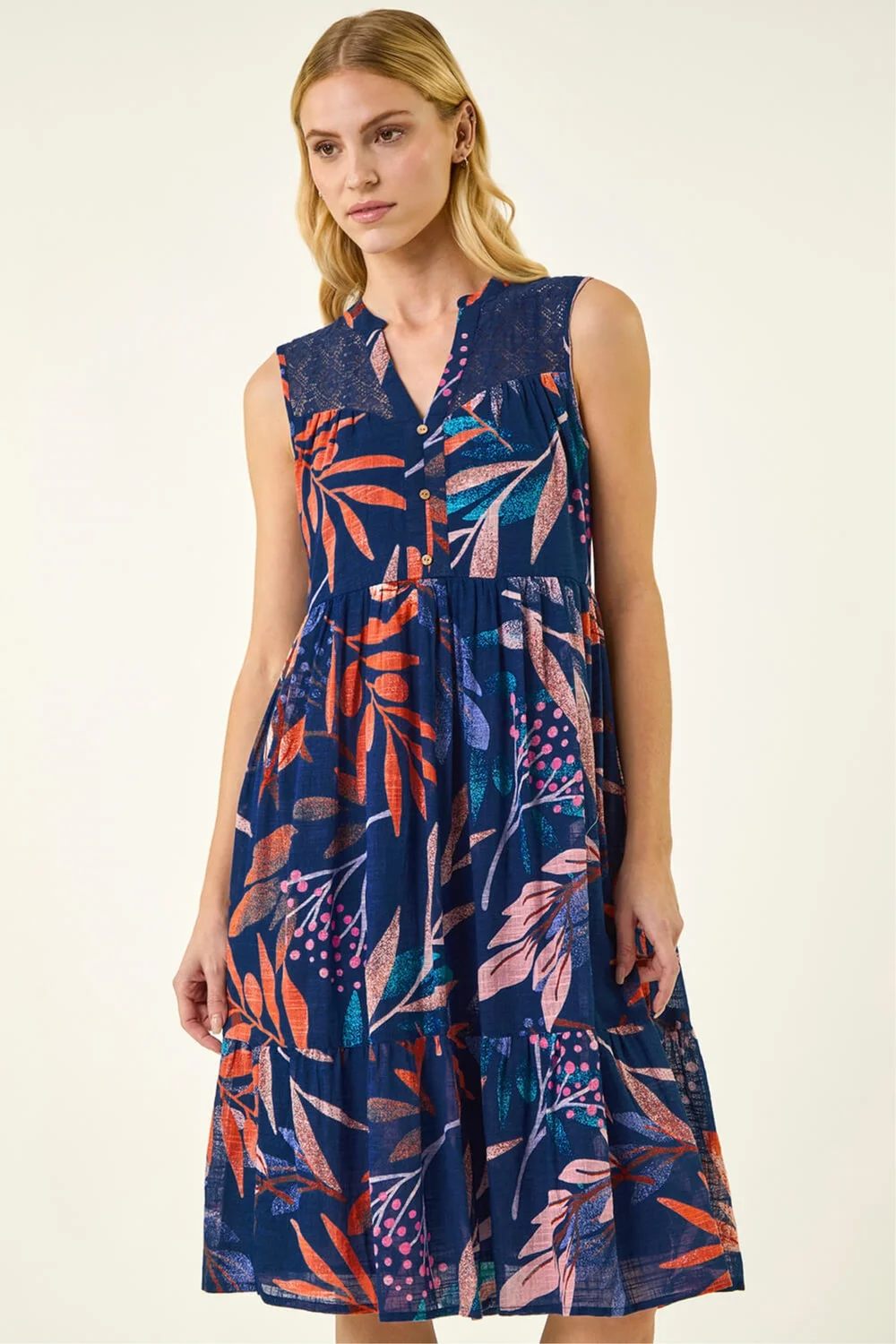 Roman Navy Leaf Print V-Neck Tiered Dress - 14 Image 2
