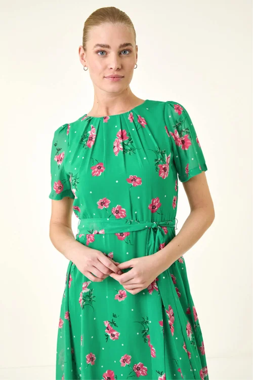 Roman Green Floral Chiffon Pleated Dress - 20 Image 4