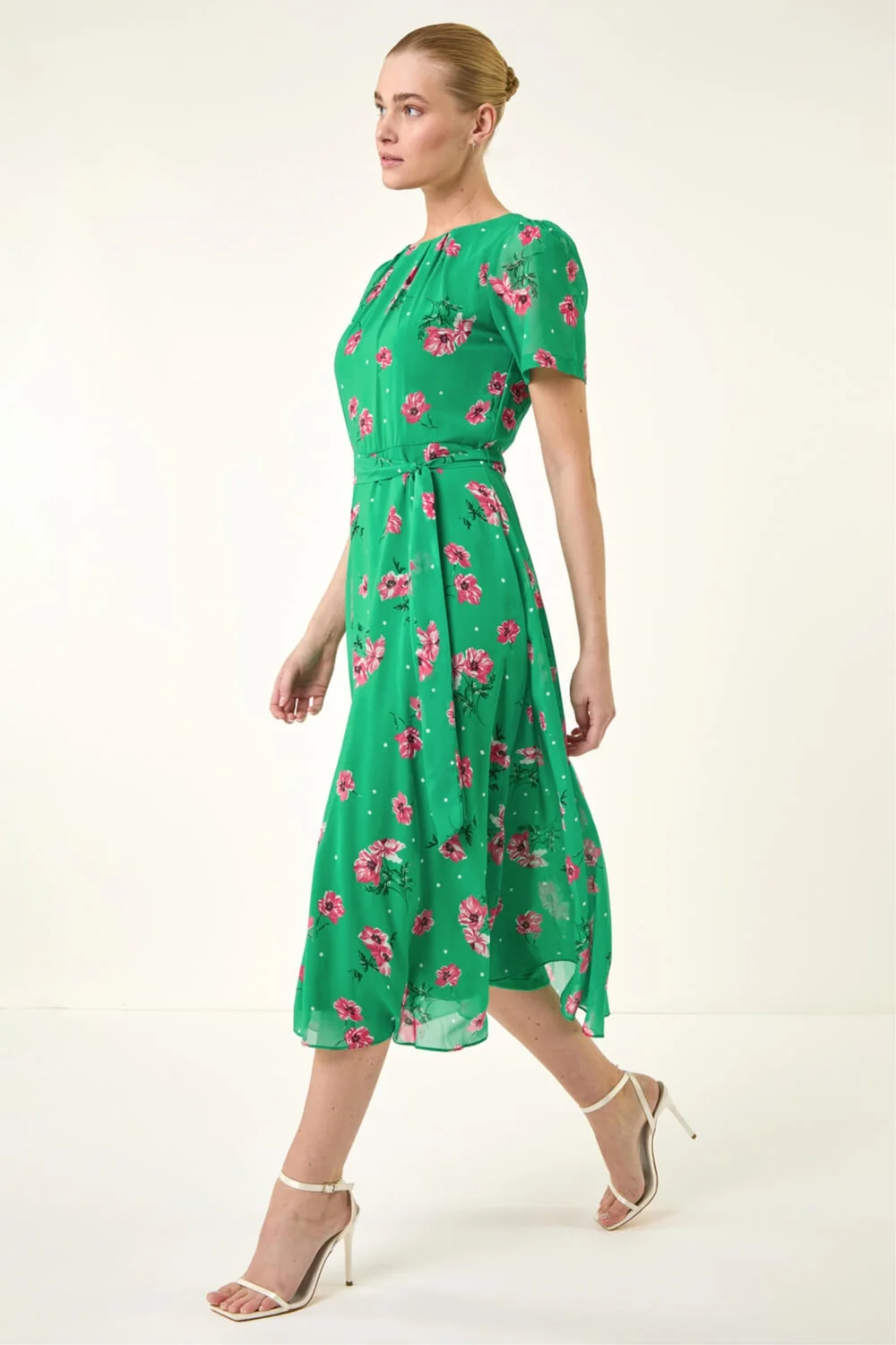 Roman Green Floral Chiffon Pleated Dress - 20 Image 1