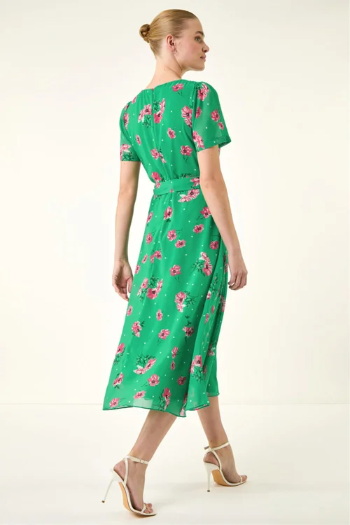 Roman Green Floral Chiffon Pleated Dress - 20 Image 3