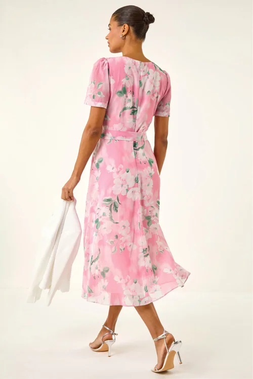 Roman Pink Floral Print Pleat Neck Midi Dress - Size 20 Image 3