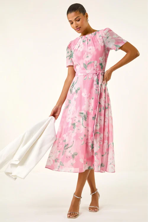 Roman Pink Floral Print Pleat Neck Midi Dress - Size 20 Image 1
