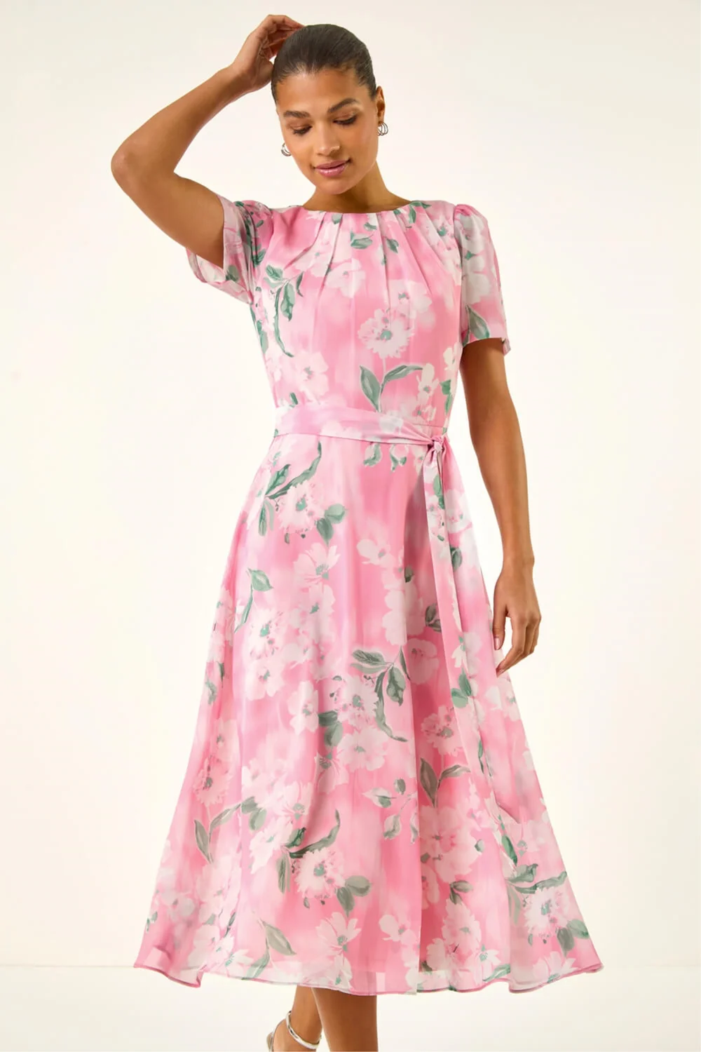 Roman Pink Floral Print Pleat Neck Midi Dress - Size 20 Image 2
