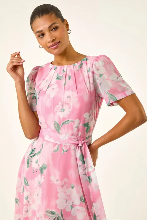Roman Pink Floral Print Pleat Neck Midi Dress - Size 20 Image 4