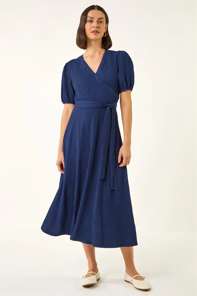 Roman Navy Wrap Bodice Belted Midi Dress