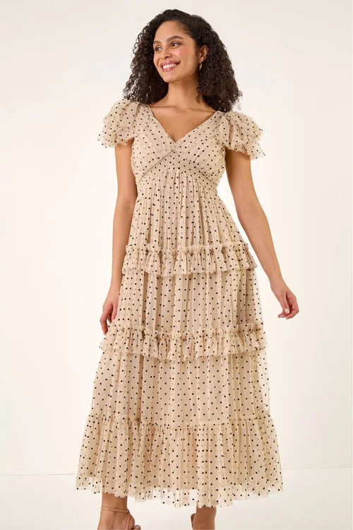 Roman Ivory Polka Dot Frill Mesh Maxi Dress - 12 Image 2