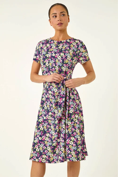 Roman Navy Petite Floral Side Tie Midi Dress - Size 8 Image 4