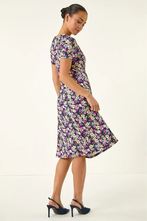 Roman Navy Petite Floral Side Tie Midi Dress - Size 8 Image 3