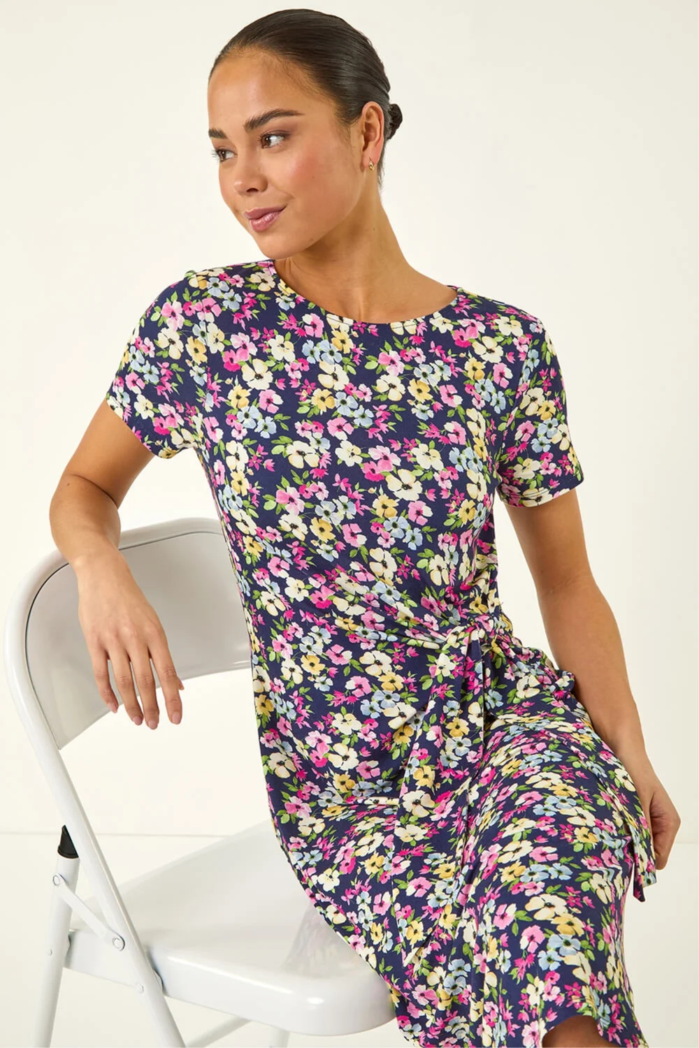 Roman Navy Petite Floral Side Tie Midi Dress - Size 8 Image 1