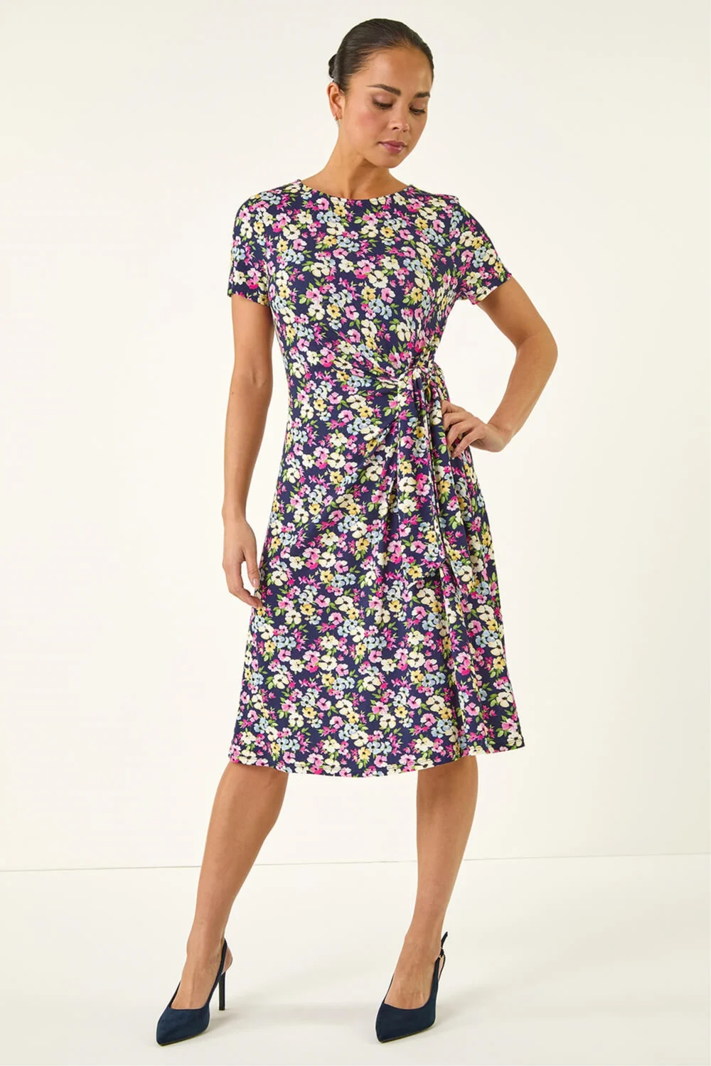 Roman Navy Petite Floral Side Tie Midi Dress - Size 8 Image 2