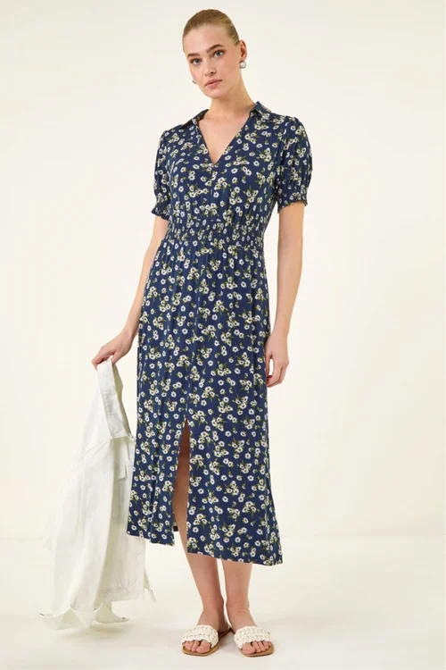 Roman Navy Ditsy V Neck Midi Dr - 16 Image 3