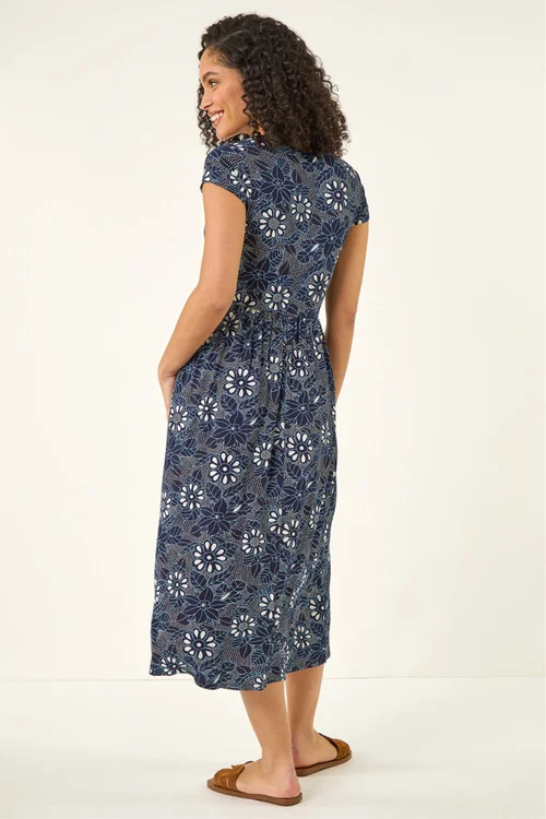 Roman Navy Floral Print Pocket Stretch Midi Dress - 20 Image 3