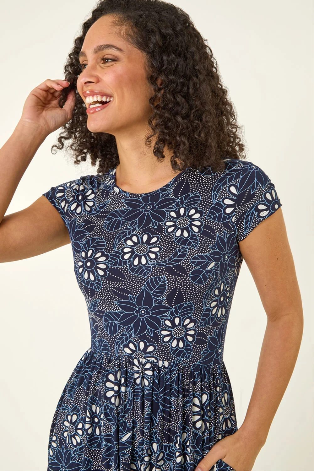 Roman Navy Floral Print Pocket Stretch Midi Dress - 20 Image 4