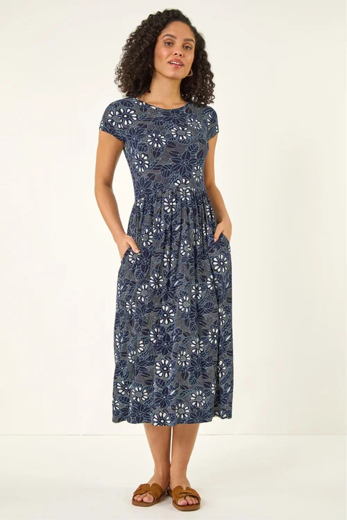 Roman Navy Floral Print Pocket Stretch Midi Dress - 20 Image 2