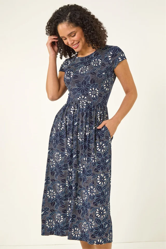 Roman Navy Floral Print Pocket Stretch Midi Dress