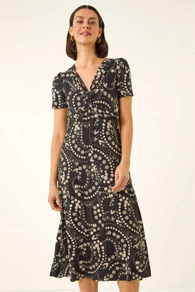 Roman Black Floral Print Twist Front Stretch Dress