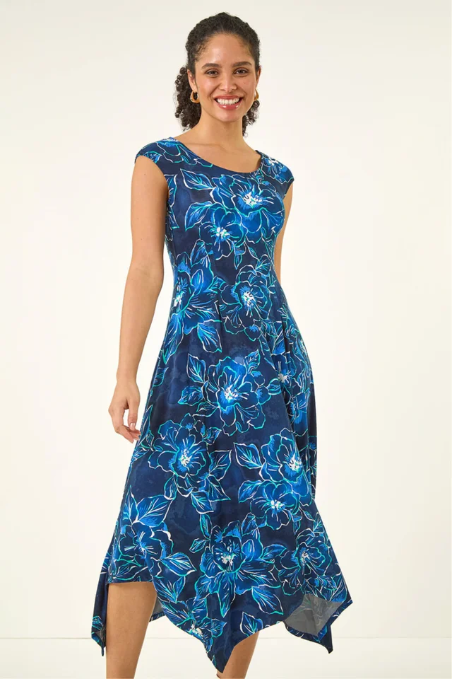 Roman Navy Floral Print Stretch Maxi Dress