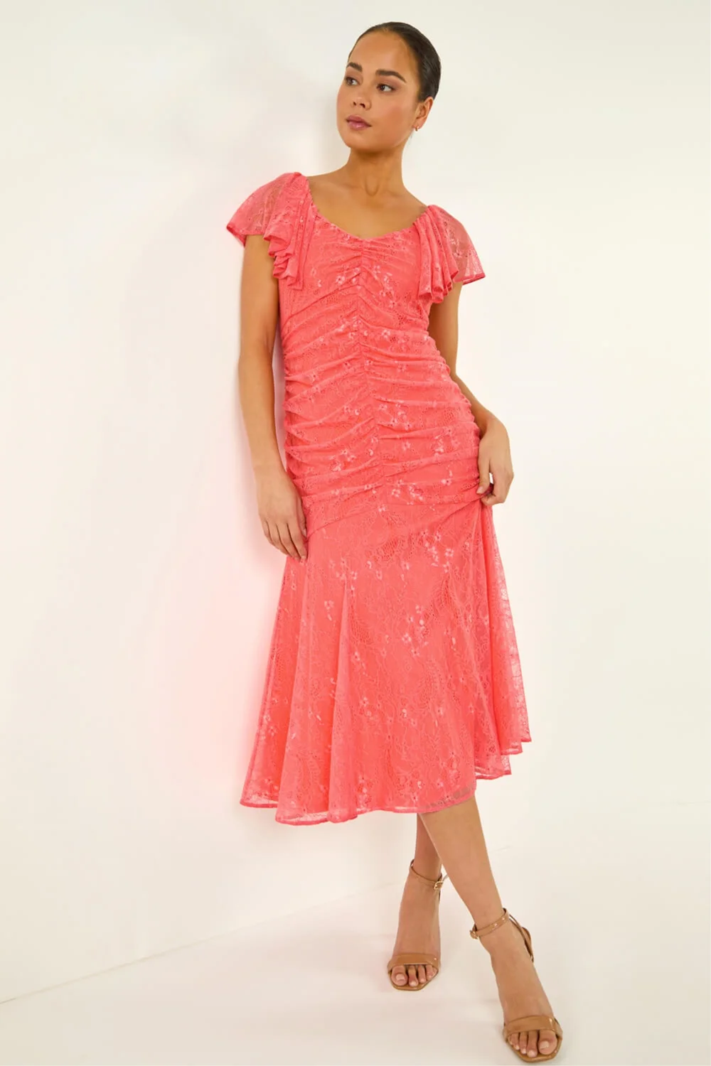 Roman Coral Petite Lace Tiered Dress - 14 Image 1