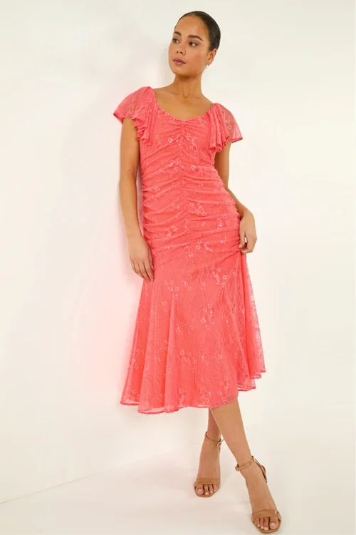Roman Coral Petite Lace Tiered Dress - 14 Image 1