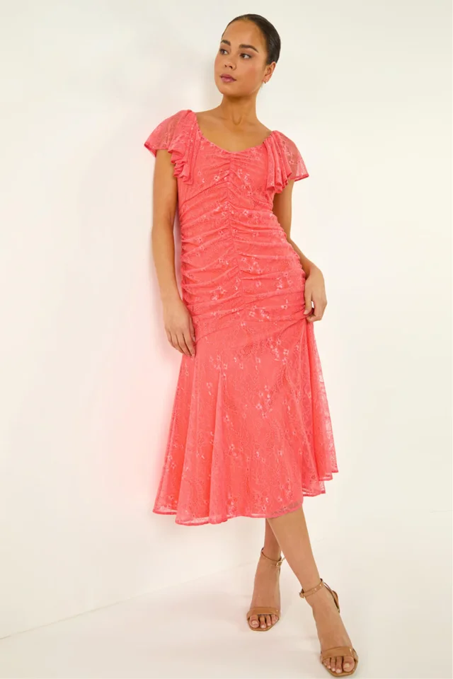 Roman Coral Petite Lace Tiered Dress