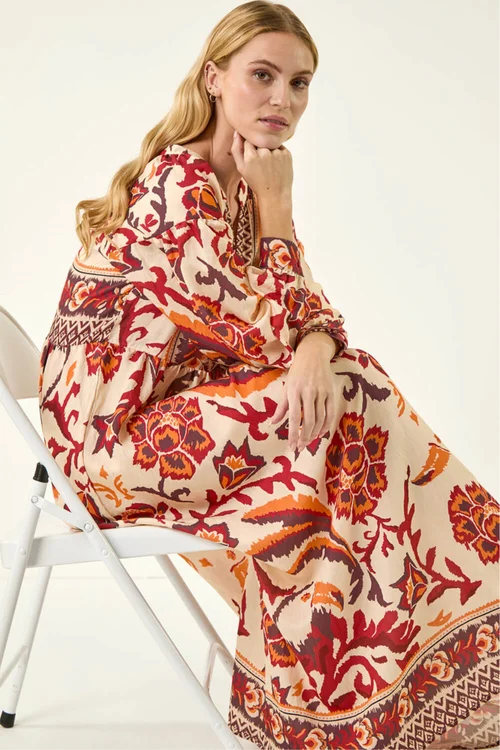 Roman Stone Floral Border Print Maxi Dress - One Size Image 1
