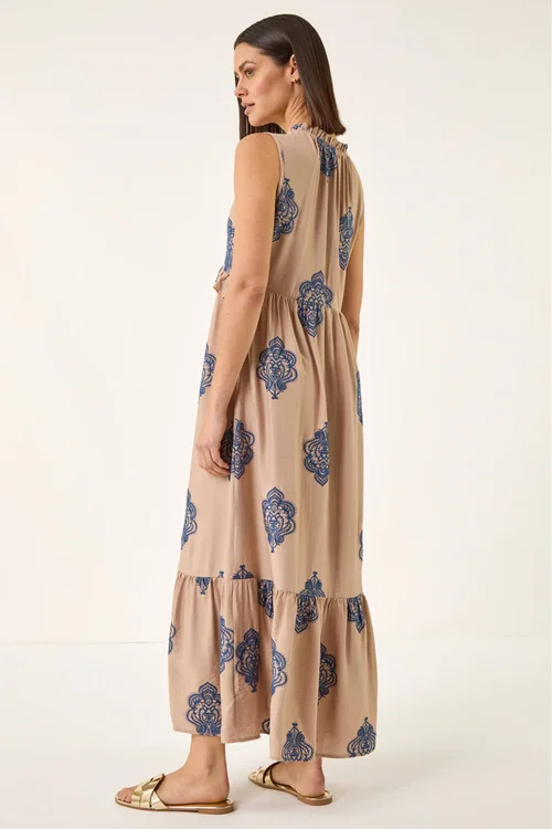 Roman Mocha Embroidered Tie Front Maxi Dress - One Size Image 3