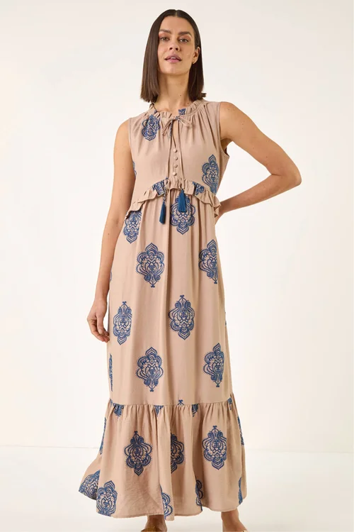 Roman Mocha Embroidered Tie Front Maxi Dress - One Size Image 4