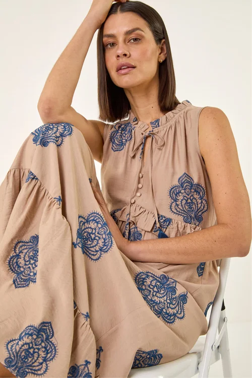 Roman Mocha Embroidered Tie Front Maxi Dress - One Size Image 1