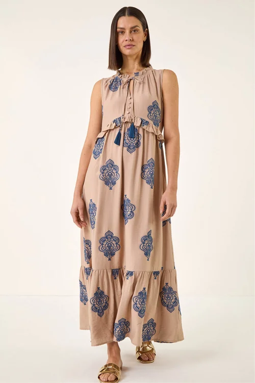 Roman Mocha Embroidered Tie Front Maxi Dress - One Size Image 2