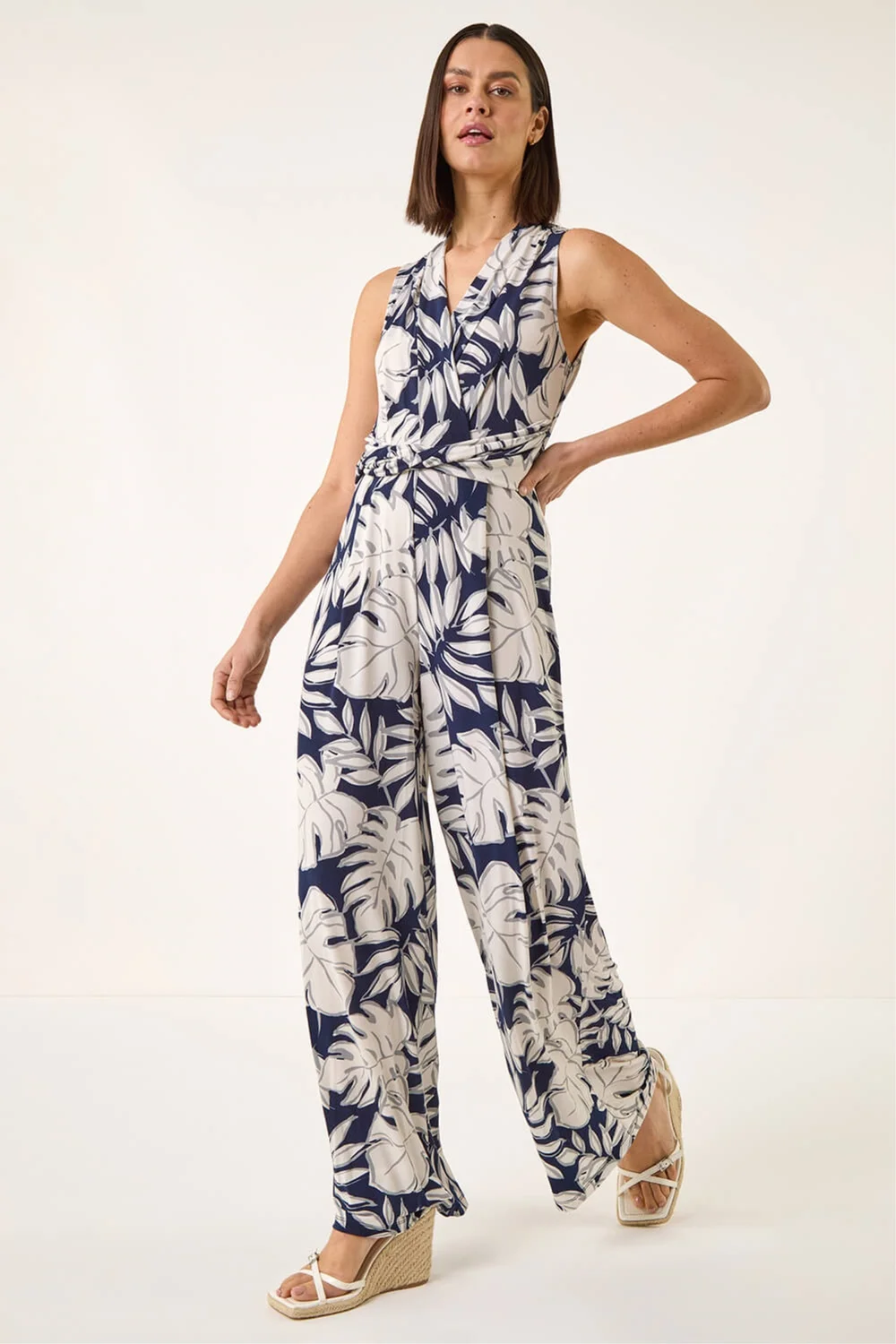 Roman Ivory Palm Leaf Print Stretch Jumpsuit - Size 20 Image 2