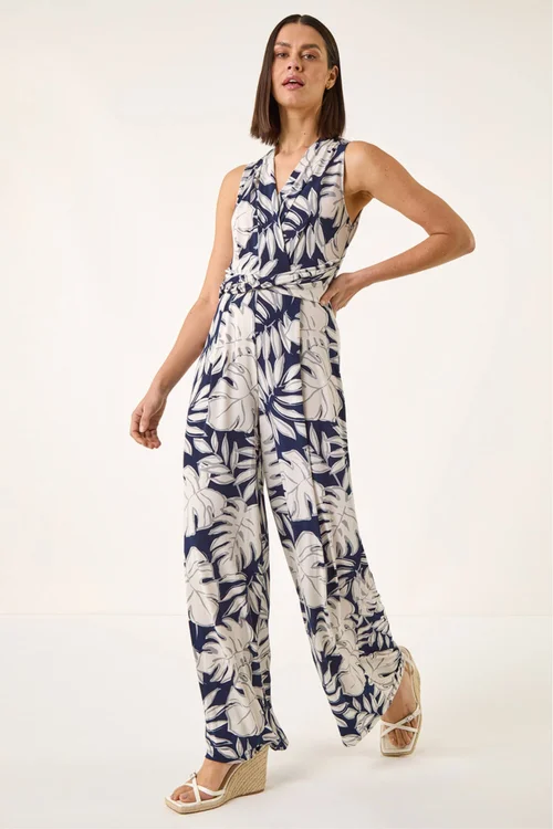 Roman Ivory Palm Leaf Print Stretch Jumpsuit - Size 20 Image 2
