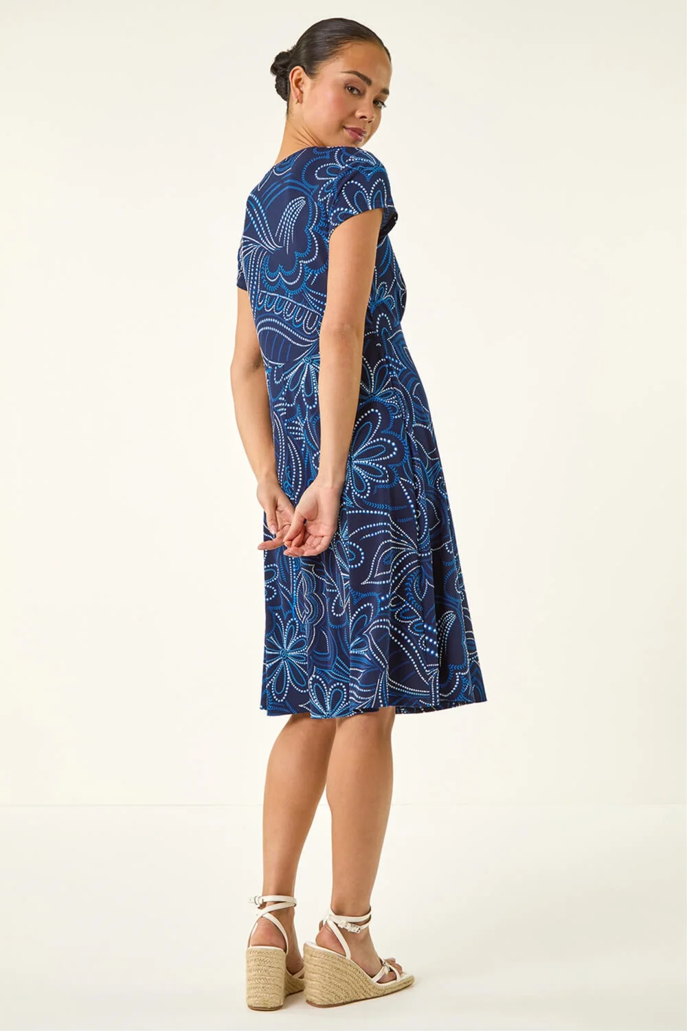 Roman Royal Blue Petite Leaf Print Stretch Dress - 18 Image 3