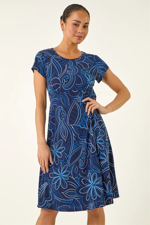 Roman Royal Blue Petite Leaf Print Stretch Dress - 18 Image 4