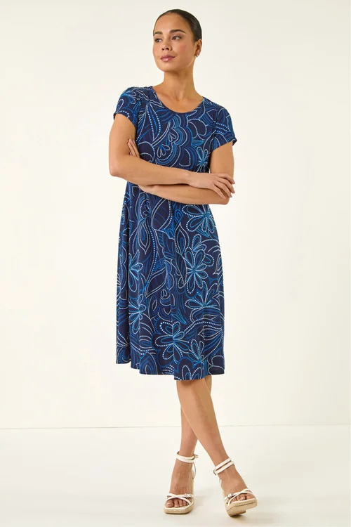 Roman Royal Blue Petite Leaf Print Stretch Dress - 18 Image 1