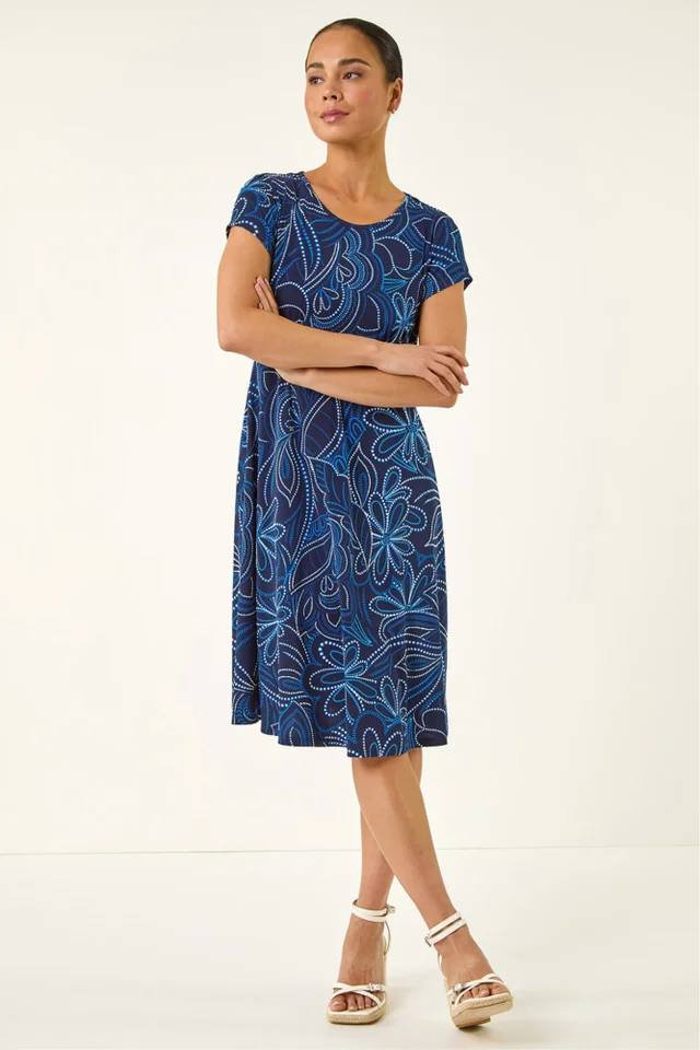 Roman Royal Blue Petite Leaf Print Stretch Dress