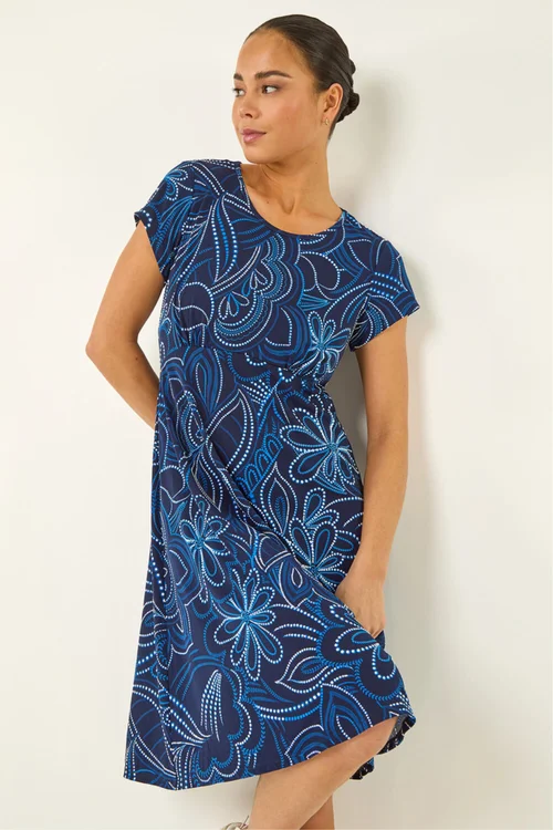 Roman Royal Blue Petite Leaf Print Stretch Dress - 18 Image 2