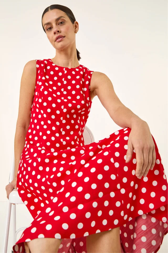 Roman Red Spot Print Panel Midi Dress