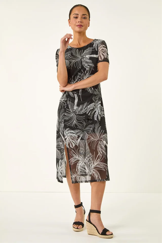 Roman Black Petite Abstract Mesh Puff Stretch Dress