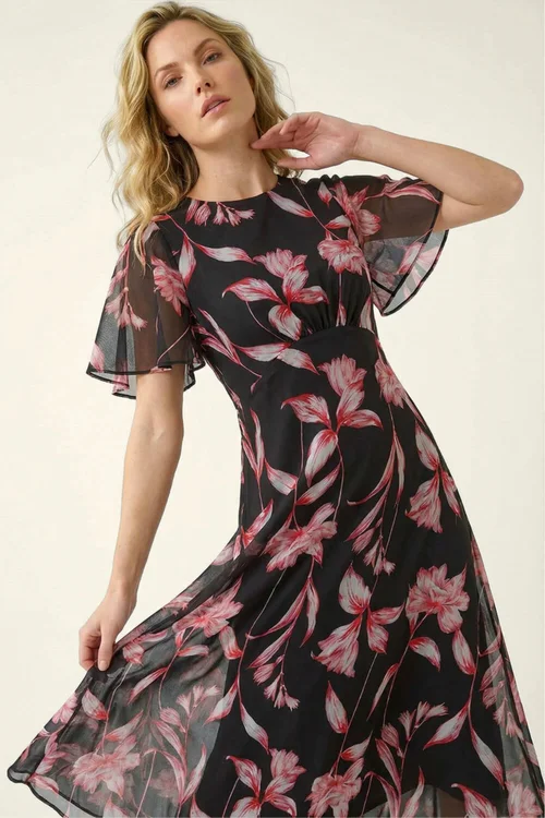 Roman Red Leaf Print Back Tie Midi Dress - 20 Image 2