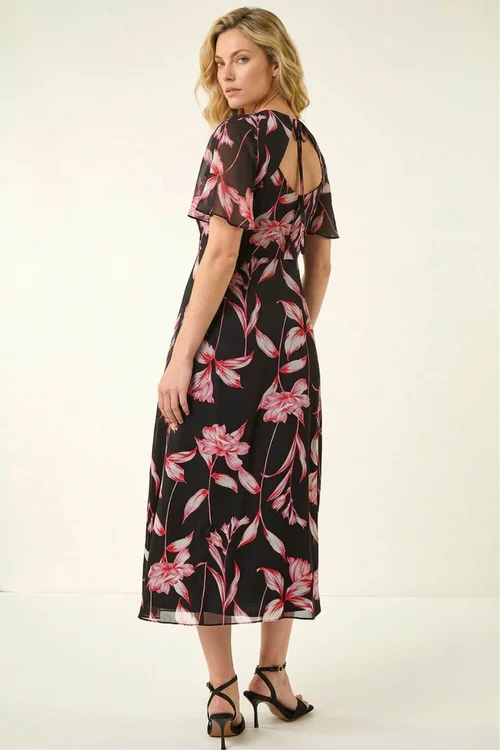 Roman Red Leaf Print Back Tie Midi Dress - 20 Image 3